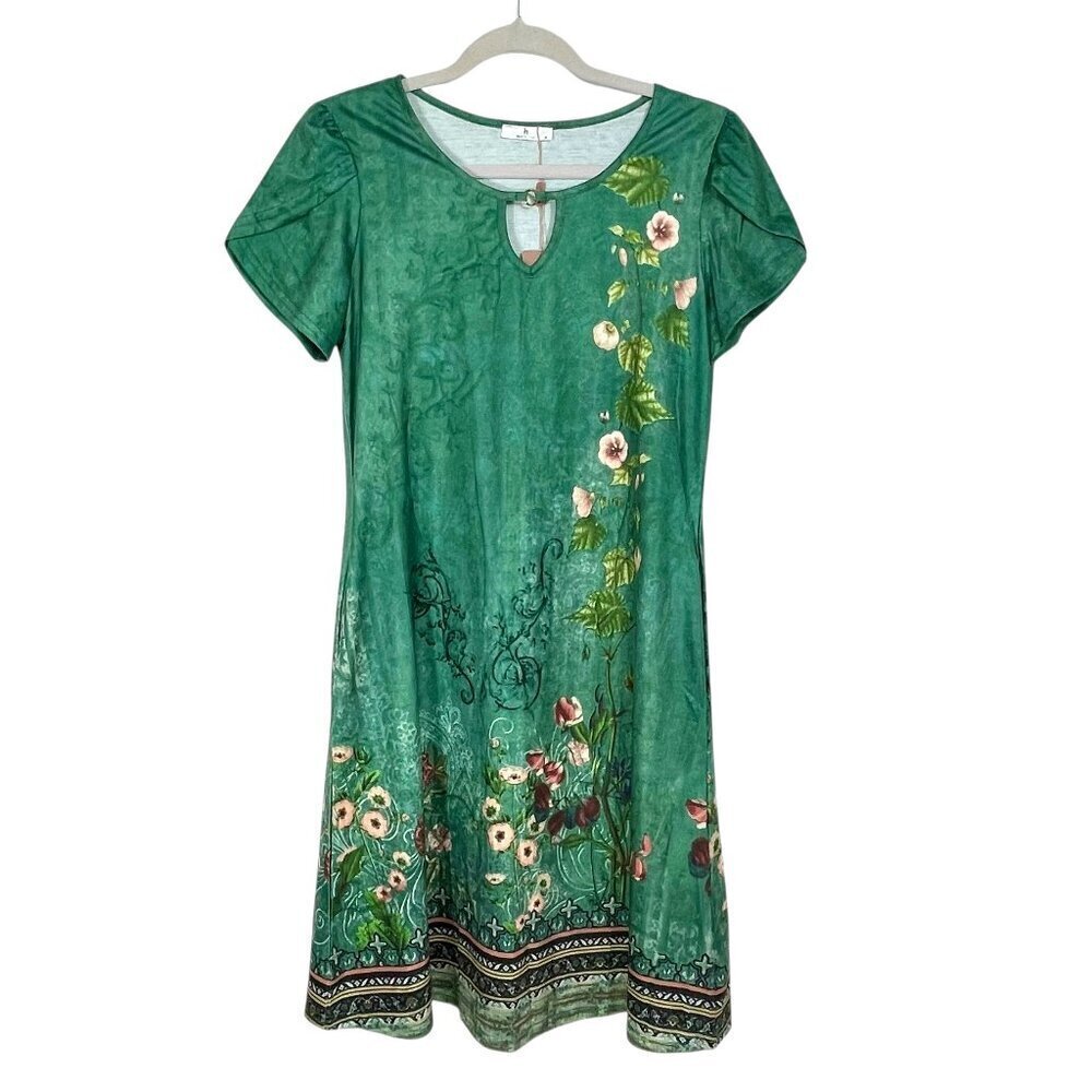 Hotouch Green Floral Fairycore Shift Dress Keyhole Neck Flutter Sleeves M - Picture 3 of 15